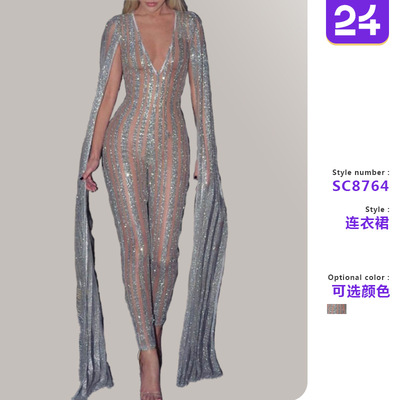 Women mesh long pants slim fit sexy jumpsuit女网纱长裤连体衣