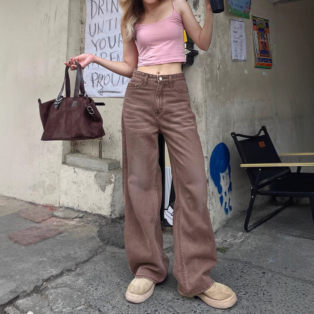 Women's brown wide leg jeans女无弹阔腿牛仔糖果色棕色彩色长裤