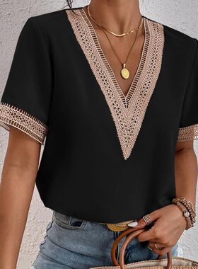 Women's lace chiffon short sleeves蕾丝花边短袖雪纺上衣女装