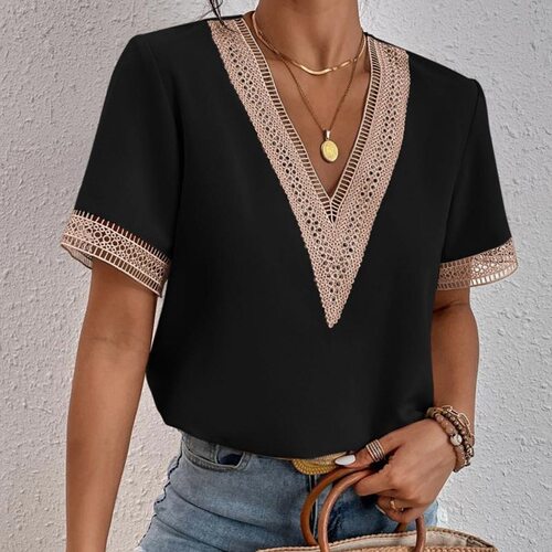 Women's lace chiffon short sleeves蕾丝花边短袖雪纺上衣女装