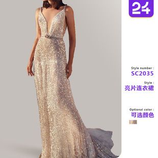 Women's deep V-neck sequined camisole dress女连衣裙亮片吊带