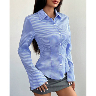 Women striped slim fit long sleeved shirt欧美长袖女条纹衬衫