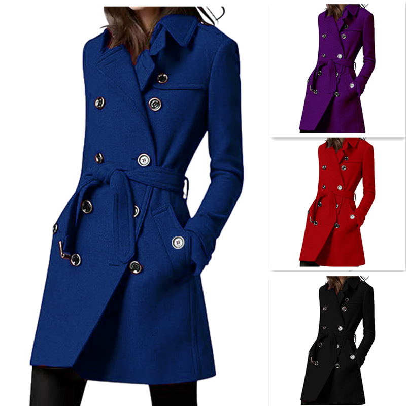 Women's long woolen coat欧美秋冬长款毛呢女大衣收腰系带双排扣