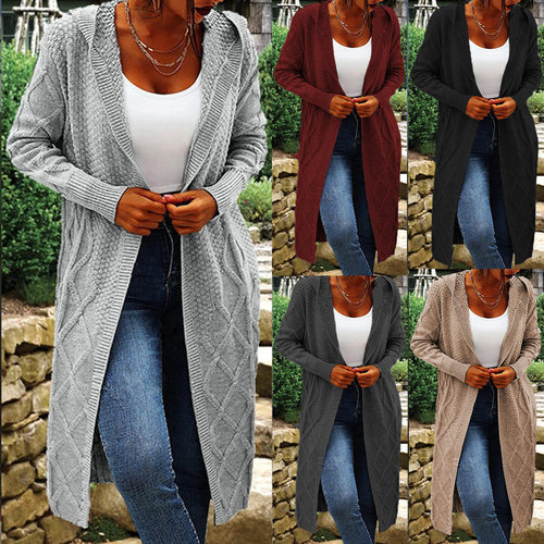 Women hooded long knitted sweater秋冬连帽长款针织长袖毛衣女