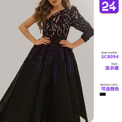 Women's long black gold sprinkled performance dress女连衣裙