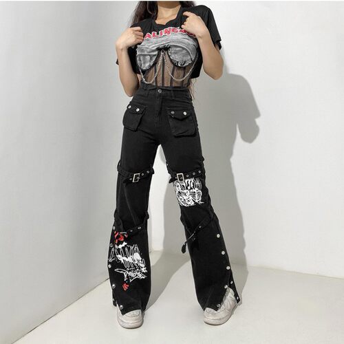 Women's printed metal buckle denim pants女印花金属扣牛仔长裤