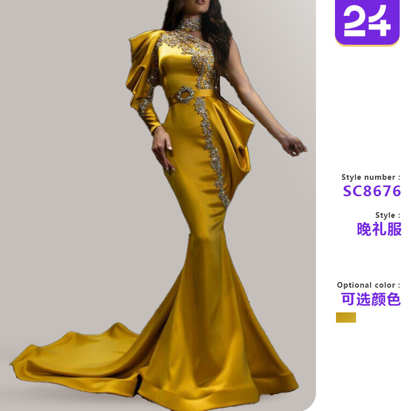 Women's gold sprinkled high neck dress evening gown宴会礼服