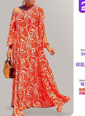 Women's printed sloping shoulder loose dress女印花连衣裙斜肩