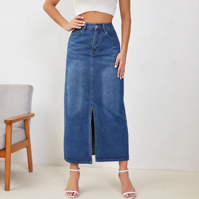 Women's casual retro denim long skirt女欧美休闲复古牛仔长裙