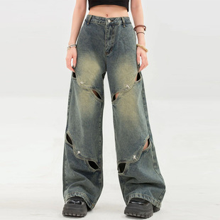 hollowed pants wide style retro out with jeans leg Women
