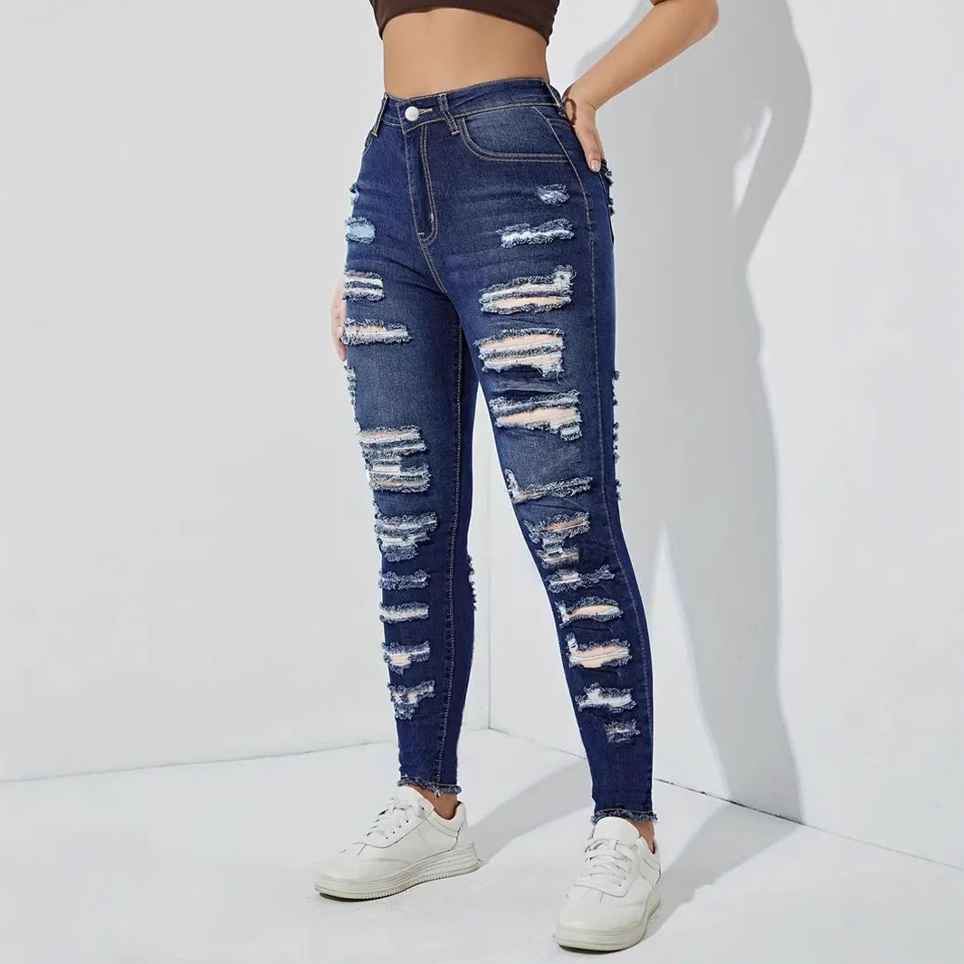 Women's ripped and fringed elastic jeans破洞弹力女牛仔小脚裤