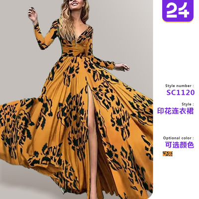 Women slit leopard print long sleeved dress女连衣裙开叉豹纹