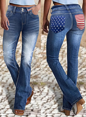 Women's elastic flared pants, jeans高弹磨烂牛仔裤后袋贴花女