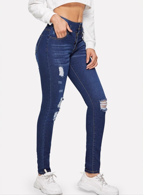 Women stretch ripped slim fit jeans女弹力破洞修身牛仔小脚裤