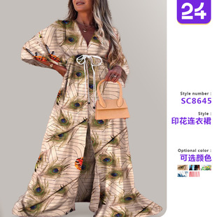 vacation printed style neck dress女度假风印花连衣裙 Women