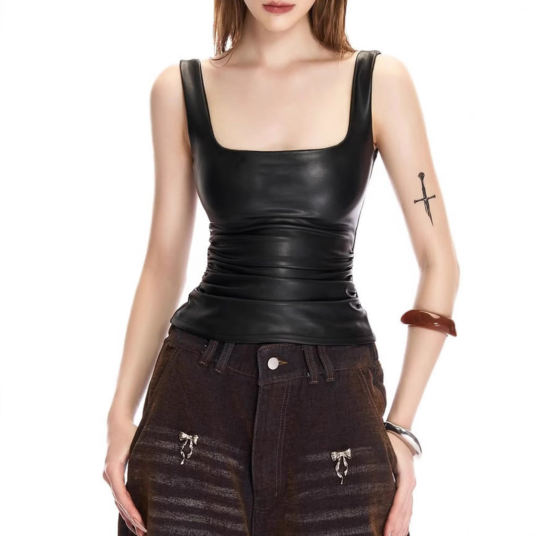 Women PU leather camisole slim fit vest女pu皮吊带修身小背心