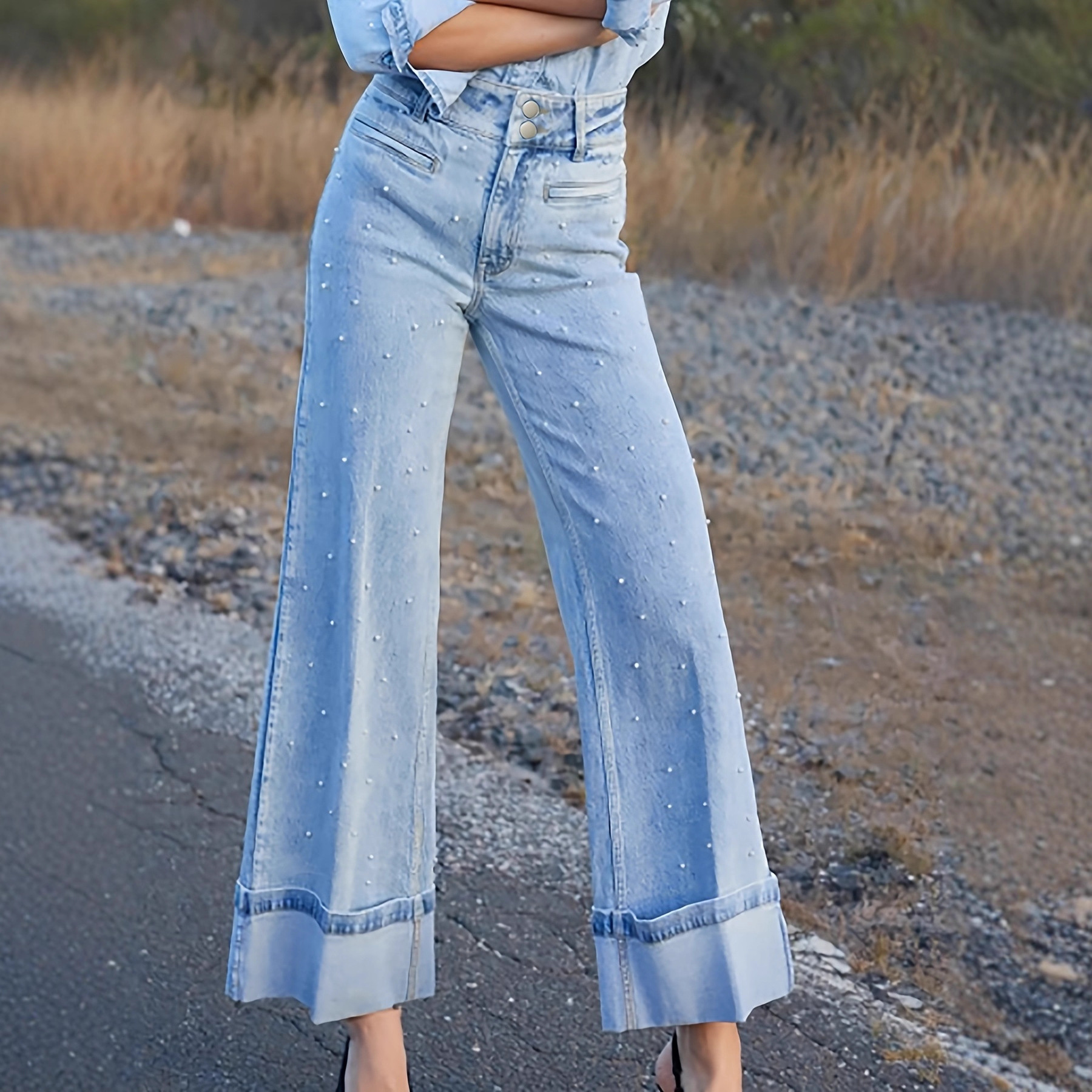 Women nail bead rolled edge elastic flared jeans女钉珠牛仔裤