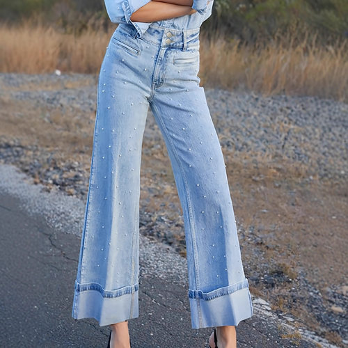 Women nail bead rolled edge elastic flared jeans女钉珠牛仔裤