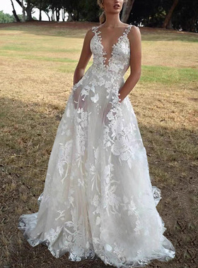 Women's Puff Skirt Lace Bridal Dress女蓬蓬裙蕾丝白色吊带礼服