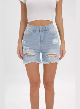 Women high waisted fringed ripped jeans shorts修身牛仔短裤女