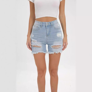 Women high waisted fringed ripped jeans shorts修身牛仔短裤女