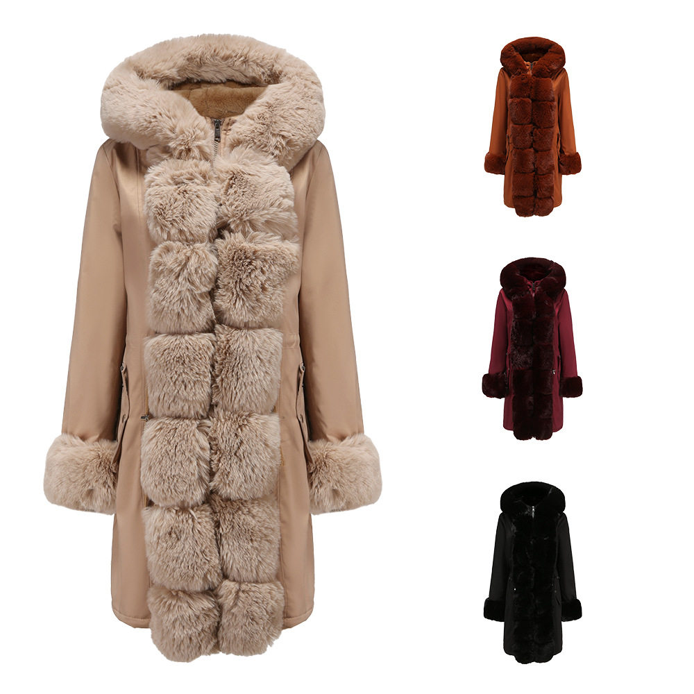 Women detachable fur collar long cotton jacket女毛领中长棉服