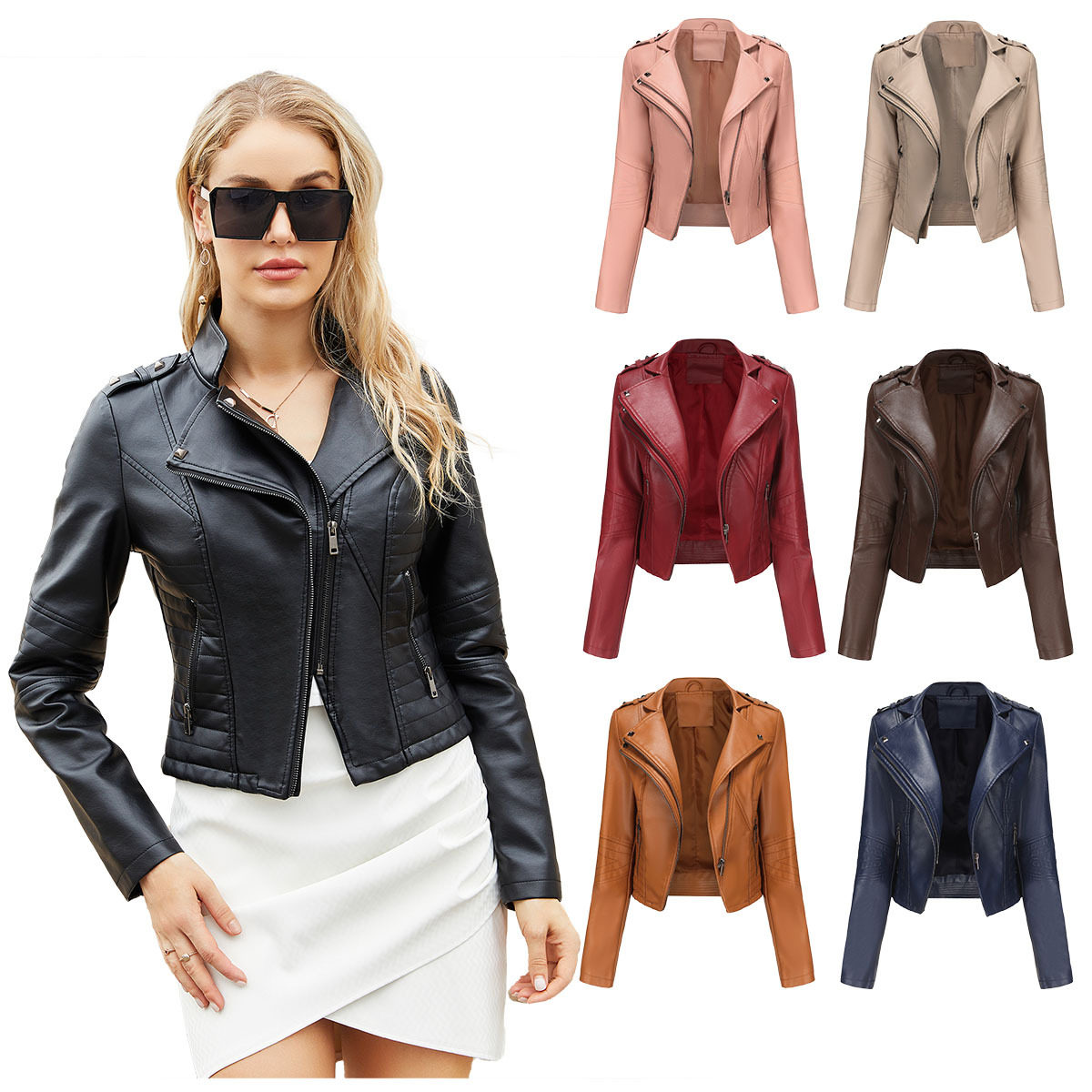 Women's short slim fit leather jacket修身皮衣女铆钉短款拉链