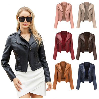 Women's short slim fit leather jacket修身皮衣女铆钉短款拉链