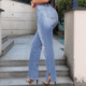 tight high Women waisted ripped jeans九分破洞女紧身牛仔裤