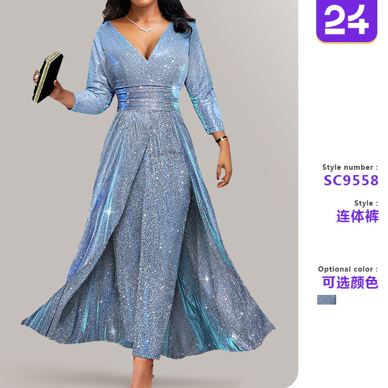 Women's sequined banquet dress女礼服裙亮片裙抹胸性感连体裤