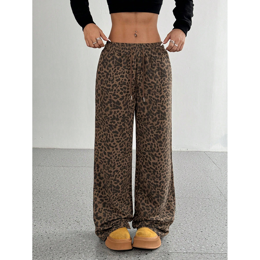 Women classic leopard print loose wide leg pants女豹纹长裤