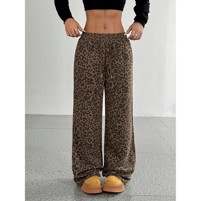 Women classic leopard print loose wide leg pants女豹纹长裤