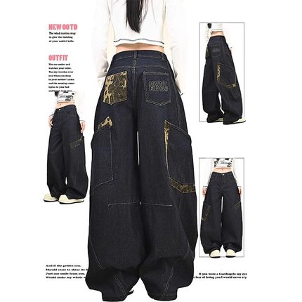 Women's American leopard print large pocket workwear jeans