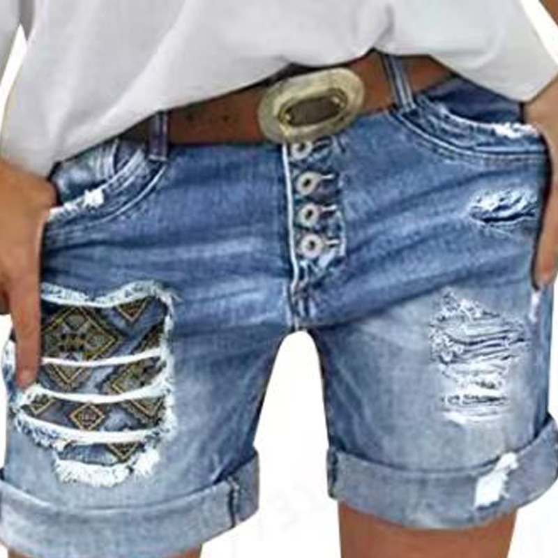 Women's worn copper denim shorts女修身单排扣褶边口袋牛仔短裤