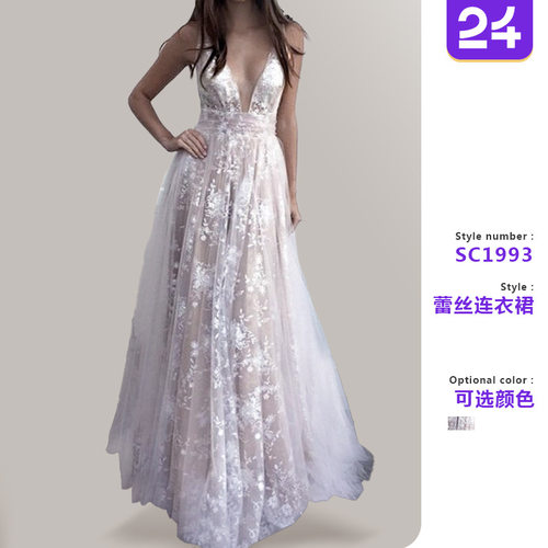 Women's lace deep V-neck sleeveless evening gown女连衣裙蕾丝