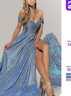 Women gold sprinkled V-neck fishtail evening gown亮片礼服裙