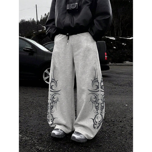 Men retro printed wide leg sweatpants跨境欧美复古男卫裤嘻哈