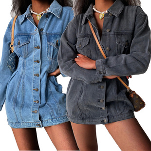 Women long sleeved denim jumpsuit, mid length jacket牛仔夹克