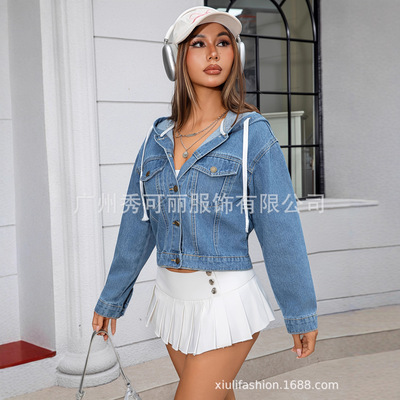 Women's hooded short denim jacket女连帽牛仔长袖短款夹克外套