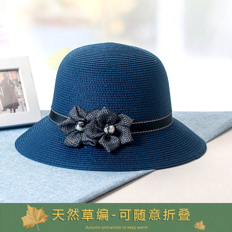 遮阳草帽女夏新款沙滩帽大帽檐花朵太阳帽可折叠防晒帽子洋气时尚