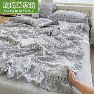 春夏棉麻空调被抗菌夏凉被提花色织韩版荷叶花边可机洗夏被四件套
