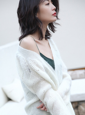 盛宏 春秋开衫女新款马海毛羊毛镂空针织长款女士开衫外套8231