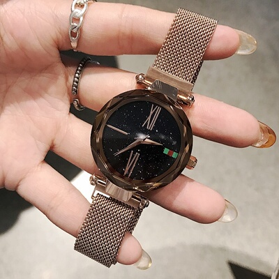 蒂米妮玫瑰金女款壳罗马刻度不锈钢米兰吸铁网带手表耐用女士手表