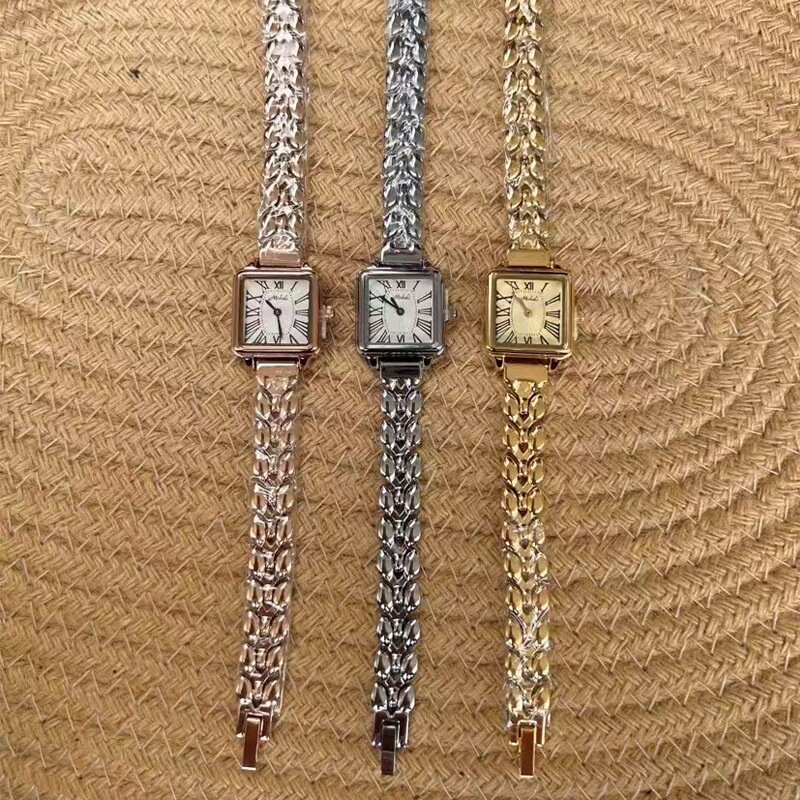 米莉莎古罗马女复石英表钢带轻奢金色款方形手表女手链小众