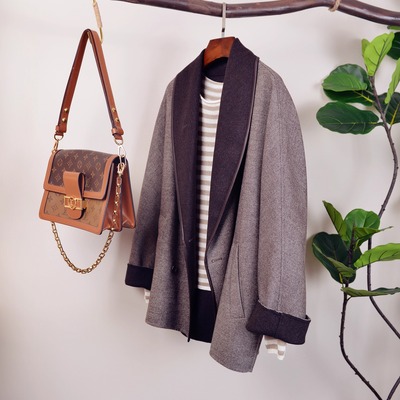 法式人字纹羊毛羊皮拼接披肩大衣