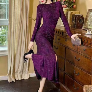 欧洲站法式气质鱼尾连衣裙秋冬装2024新款晚礼服女高级感包臀长裙