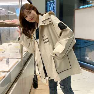 工装外套女春秋韩版宽松新款潮百搭风衣女装夹克大码休闲薄款BF