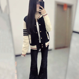 社会女外套快手网红同款学院风韩版刺绣拼色针织开衫棒球服上衣潮
