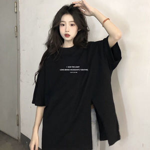 aimilian纯棉重磅遮肚子潮开叉款气质短袖t恤宽松中长款夏季上衣