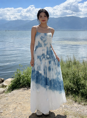 扎染裙子高级感碎花吊带连衣裙女2026夏季松紧收腰显瘦长裙吊带裙